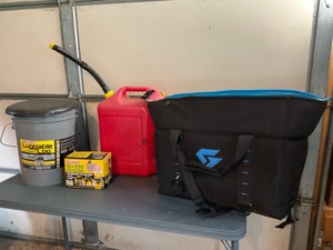 Luggable Loo, Doodie Bags, Gas Can, and Softside Cooler