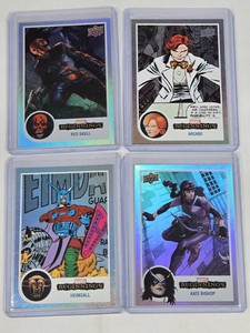 Lot of 4 Marvel Beginnings Trading Cards Featuring Red Skull, Arcade, Heimdall, and Kate Bishop with Rainbow Holofoil