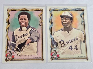 Lot of 2 Hank Aaron Baseball Cards from 2023 Topps Allen & Ginter Set featuring the Atlanta Braves.