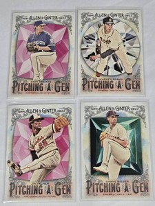 Lot of 4 Pitching a Gem Baseball Cards featuring Warren Spahn, Shane Bieber, Zack Greinke, and Jim Palmer from 2022 Topps Allen & Ginter Set.