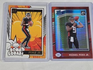 Lot of 2 Michael Penix Jr. Football Cards including Donruss Optic Rated Rookie Red Hyper and Bomb Squad - Atlanta Falcons Football Cards