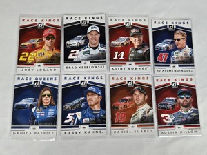 Lot of 8 Race Kings and Queens NASCAR Trading Cards featuring Joey Logano, Danica Patrick, Brad Keselowski, Kasey Kahne, Clint Bowyer, AJ Allmendinger, Daniel Surez, and Austin Dillon