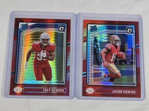 Lot of 2 Football Cards Featuring Donruss Optic Rated Rookie Cards for Trey Benson and Jacob Cowing - Arizona Cardinals and San Francisco 49ers