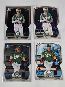 Lot of 4 Oakland Athletics 1st Bowman Chrome Baseball Cards featuring Colby Thomas and Zack Gelof
