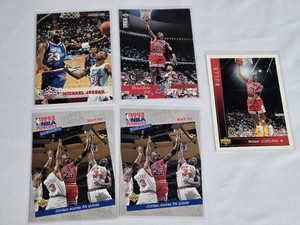 Lot of 5 Michael Jordan Basketball Cards including Upper Deck and Highlights Series. Notable features 1993 NBA Playoffs, 1993 All-Star, and Scoring Highlight moments.