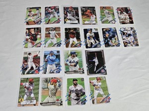 Lot of 20 Baseball Cards Featuring Players Like Bryce Harper and Gerrit Cole From 2021 Topps Set.