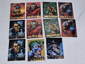 Lot of 11 DC Batman Master Villains Trading Cards featuring characters like Joker, Penguin, Two-Face, and more