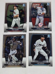 Lot of 4 Baseball Cards Featuring Fernando Tatis Jr., Matt Olson, Luis Arraez, and Aaron Judge from 2023 Bowman Chrome Series