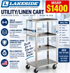 MSRP $1,400 NEW OUT OF BOX Lakeside 332 Stainless Steel 4-Shelf UtilityLinen Cart, 300-Lb Capacity, 15 x 24 Shelves, Heavy-Duty Swivel Casters, Hospital, Healthcare, Hotel &amp Commercial Use Floor Model Scratch &amp Dent - No Cover