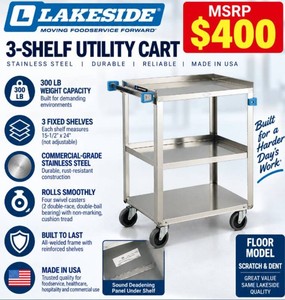 MSRP $400 NEW FLOOR MODEL Lakeside 322 Stainless Steel 3-Shelf Utility Cart, 300-Lb Capacity, 15.5 x 24 Shelves, Sound-Deadening Panels, Swivel Casters, Made In USA&nbspFloor Model Scratch &amp Dent