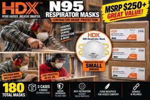 MSRP $250  3 Cases (60 masks per case) NEW HDX Home Depot Private Label N95 Respirator Masks - Heavy Duty Foam - Prevents dusts from sanding, grinding, sawing and insulating particles With a 95% filter efficiency