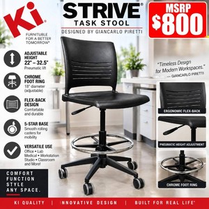 MSRP $800 KI Strive Designed By Giancarlo Piretti Adjustable-Height Drafting Stool Task Chair, Black, Chrome Foot Ring, Pneumatic Height Adjustment,&nbsp5-Star Rolling Caster Base, Office, Lab, Medical &amp Workstation Use Great Condition
