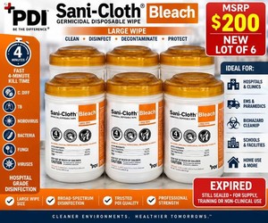 MSRP $200 NEW 6 PDI SANI-CLOTH� BLEACH LARGE GERMICIDAL DISPOSABLE WIPES, HOSPITAL-GRADE BLEACH DISINFECTANT, FAST 4-MINUTE KILL TIME, EFFECTIVE AGAINST C. DIFF, TB, NOROVIRUS, VIRUSES, BACTERIA &amp FUNGI, FOR EMS &amp BIOHAZARD CLEANUP EXPIRED