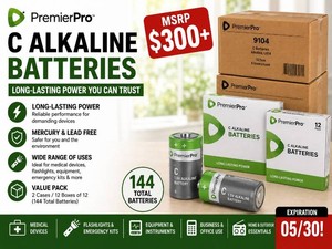 MSRP $300 NEW 144 PremierPro 9104 C Alkaline Batteries, 2 Cases  12 Boxes of 12, 1.5V LR14 Long-Life Batteries, Mercury & Lead Free, Medical, Business, Emergency, Flashlight & Equipment Use, EXP 0530
