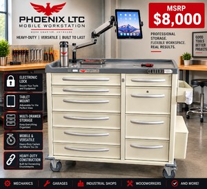 MSRP $8,000 PHOENIX LTC HEAVY-DUTY LOCKING MOBILE WORKSTATION  ELECTRONIC LOCK, TABLET MOUNT, 47 WIDE MULTI-DRAWER STORAGE CART, KEYS INCLUDED, PERFECT FOR MECHANICS, GARAGES, INDUSTRIAL SHOPS, WOODWORKERS &amp MORE