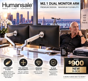MSRP $900 NEW High Quality Humanscale M2.1 Dual Mount Lightweight Adjustable Monitor Arms Sleek White &amp Chrome Finish -lighter, thinner &amp greater dynamic range than any current monitor arm on the market - 15 Year Warranty