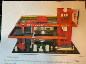 Vintage Wards Riverside Service Station Tin Litho Toy Playset