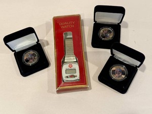 Three Dale Earnhardt Commemorative Colorized Quarters and Davey Allison Watch