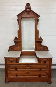 Gorgeous Antique American Victorian Hand-Carved Walnut & Marble Top Drop-Well Dresser wMirror