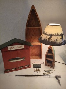 Gone Fishin Decor incl Lamp, Canoe Shelf & More