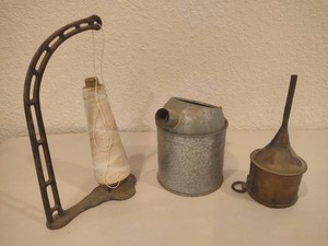 Cast Iron String Dispenser, Copper Canning Funnel & Galvanized Oil Can