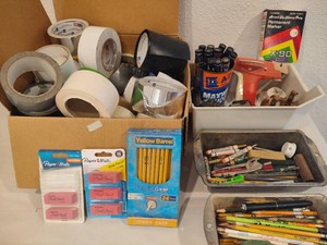 Huge Lot of Asst Tape, Pencils, Markers, Sharpeners, Erasers & More