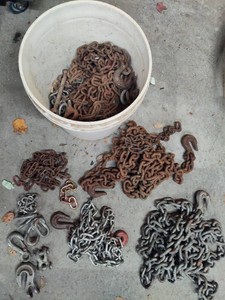 Bucket of Chains & Metal Hooks