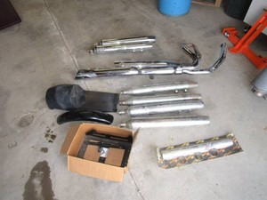 Motorcycle Exhaust & Fiberglass Seat Pan, Fender