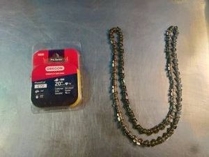 2 Oregon PowerCut E70 20-inch chainsaw chains designed for a 20-inch bar with a 38-inch pitch, .050-inch gauge, and 70 drive links.