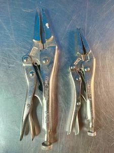 Two silver long-nose locking pliers from Mac Tools