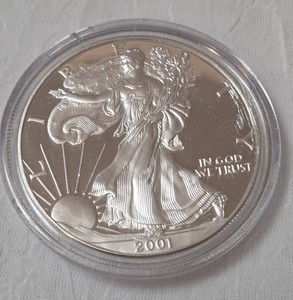 2001 One Ounce Proof Silver Bullion American Eagle coin in blue velvet case