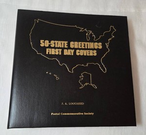 Custom-embossed leatherette  Binder of 50-State Greetings First Day Covers by the Postal Commemorative Society. (12 x 12). Very collectible