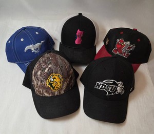 5 - Mens Baseball Hats - (2 NDSU, 1 Red Hawks, 1 Mustang, 1 Franks Lounge) - Like new condition