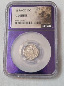 1876 CC Silver Dime. NGC Graded Genuine. Highly collectible. In slab- Estimate value between&nbsp $125.00&nbsp &amp $200.00 Dollars