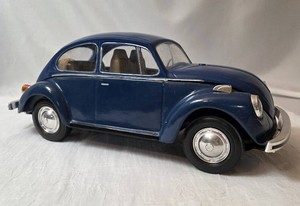 Vintage 1973 VW Volkswagen Beetle Bug Blue Car Jim Beam Whiskey Decanter - Empty - Metal (14L x 6 12 W x 5 34 T)- GREAT FOR VOLTSWAGON COLLECTERS