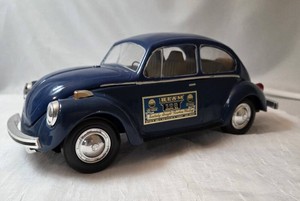 Vintage 1973 VW Volkswagen Beetle Bug Blue Car Jim Beam Whiskey Decanter - Empty - Metal (14L x 6 12 W x 5 34 T)- GREAT FOR VOLTSWAGON COLLECTERS