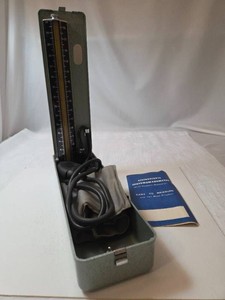Vintage From the (40s - 50s) Sphygmomanometer Blood Pressure Meter - Metal Box - Model 764.  Comes with manual.  Very RareCollectible.&nbsp &nbsp Crack in rubber pump. - Untested&nbsp