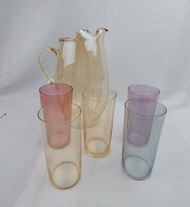 Vintage Glass Pitcher & Pastel Tumblers (Lot of 6)