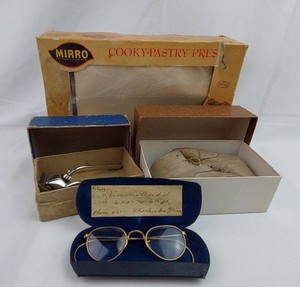 Vintage Kitchen & Personal Items - Mirro Cookie Press, Eyeglasses & More (Lot of 4)
