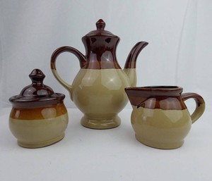 Ceramic Coffee Set - Brown Drip Glaze Teapot, Creamer & Sugar Bowl (Lot of 3)