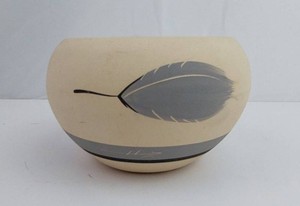 Art Pottery Bowl - Signed Ceramic Feather Motif Vessel