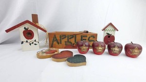 Vintage Folk Art Decor Mixed Lot - Apple Birdhouses, Ornaments & Wood Accents