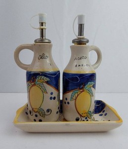 Oil & Vinegar Cruet Set - Hand-Painted Ceramic Lemon Design