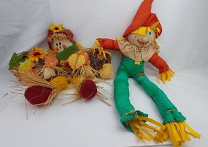Scarecrow Decorations - Rustic Wreath & Seated Figure (Lot of 2)