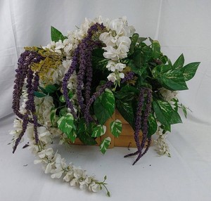 Faux Floral Arrangement - Wooden Basket with White & Purple Flowers