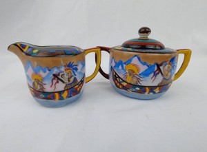 Creamer & Covered Sugar Bowl Set - Hand-Painted Mountain Motif