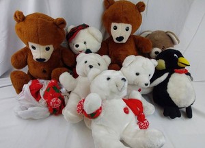 Mixed Plush Animals - Teddy Bears, Holiday Bears & Penguin