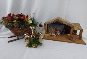 Christmas Decor - Nativity Scene, Floral Sleigh & Horn Arrangement