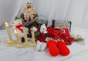 Mixed Christmas Decor Assortment - Plush Figures, Lights, Pillows & Florals