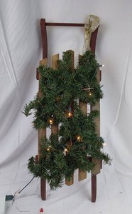 Christmas Sled Decoration - Pre-Lit Artificial Evergreen Garland, Wooden Sled